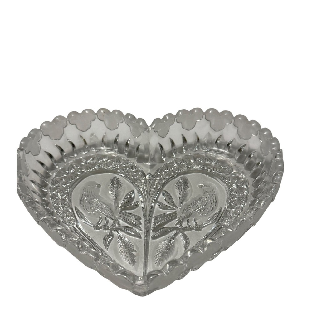 Vintage Hofbauer Byrdes Crystal Heart Dish Birds Frosted Hearts Germany 9"